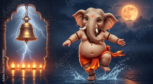 Ganesha dancing in the rain with a bell and lightning in the background under a full moon night sky