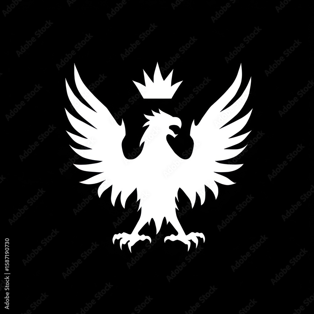 Obraz premium Stylized white eagle with crown on black background, wings outstretched