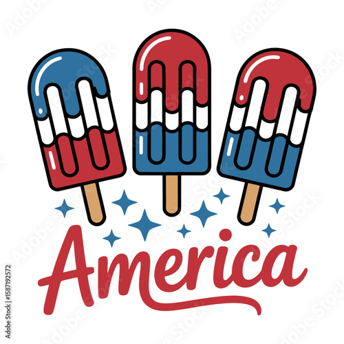 Patriotic Popsicle Illustration with America Text and Stars