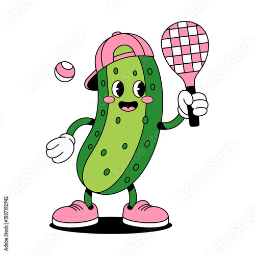 Funny Pickle Playing Tennis Cartoon Character Illustration