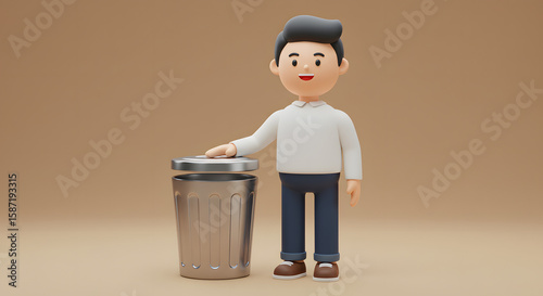쓰레기통에 손을 얹고 바라보는 남자의 모습