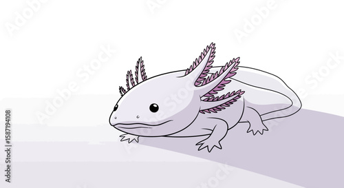A cute cartoon illustration of a white axolotl with prominent purple feathery gills.