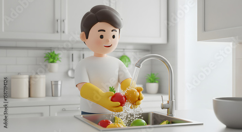 동양인 남자가 주방에서 주방세제로 깨끗하게 과일을 씻고 있는 모습