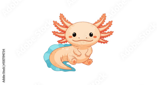Adorable cartoon axolotl, peach-colored, sits serenely with feathery gills.