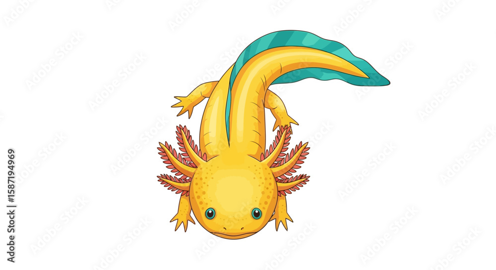 Fototapeta premium Cute cartoon illustration of a yellow axolotl, facing forward.