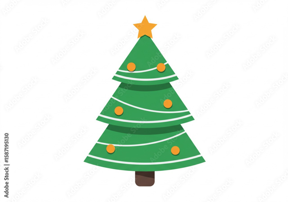 Stylized green christmas tree decorated with orange ornaments and a yellow star