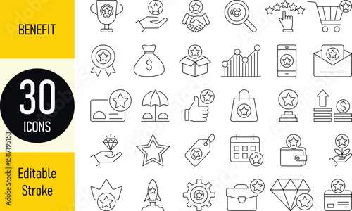 Benefits and Rewards Line Icon Set – Editable Stroke Style, Including rewards, bonuses, loyalty, stars, winners, awards, prizes, incentives, and more Editable stroke