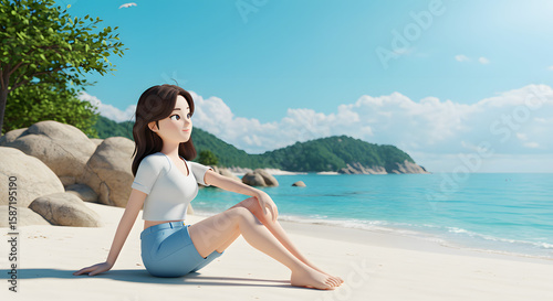 시원한 느낌의 바닷가에서 산이 보이고 백사장에 앉아서 한쪽을 응시하는 여자