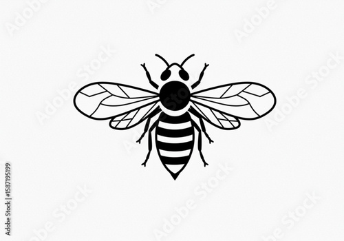 Stylized black and white illustration of a bee with wings spread wide