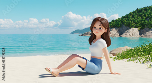 시원한 느낌의 바닷가에서 산이 보이고 백사장에 앉아서 한쪽을 응시하는 여자