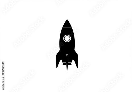 Simple black silhouette of a retro rocket ship blasting off against a white background