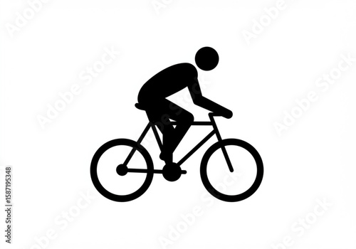 Simple black silhouette of a person riding a bicycle on a white background