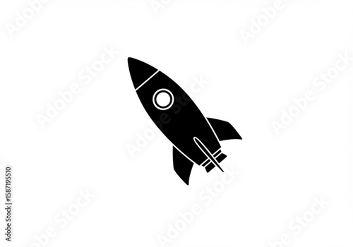 Simple black silhouette of a retro rocket ship blasting off into space