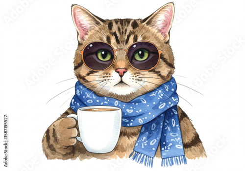 Cool tabby cat wearing sunglasses and a blue scarf holding a cup of coffee