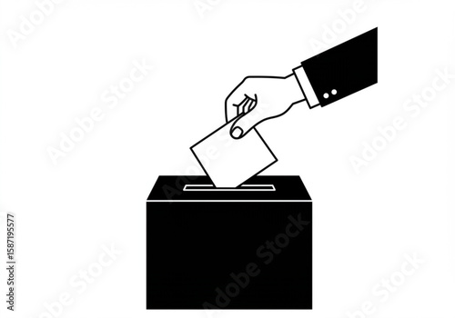 Man in suit hand casting ballot into black voting box