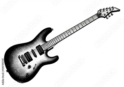 Black and white illustration of an electric guitar with a stippled texture