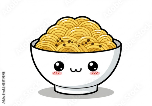 Cute kawaii bowl of noodles with a happy face and blushing cheeks