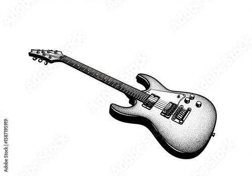 Detailed black and white illustration of an electric guitar with a white background
