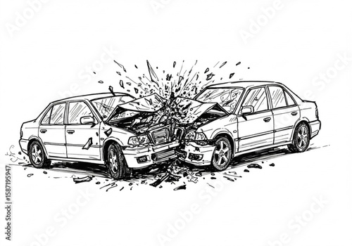 Two cars in a head on collision with shattered glass and crumpled metal