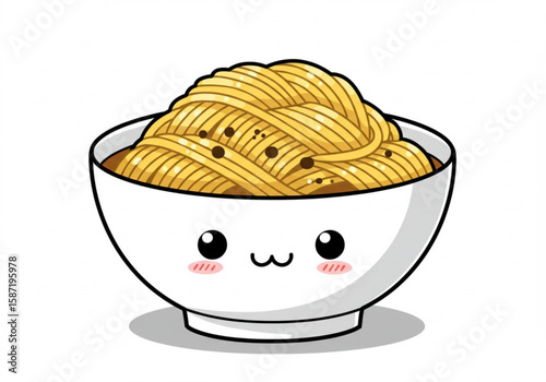 Cute kawaii bowl of spaghetti with a happy face and blushing cheeks