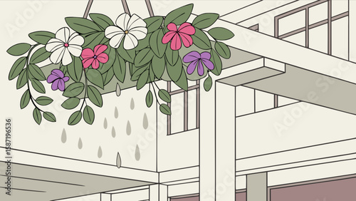 Hanging flower basket with colorful flowers and leaves for home decor and garden design illustration