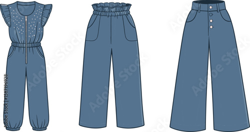 CAD drawing flat vector illustration of stylish girls denim fashion with zipper jumpsuit, wide leg pants, paperbag waist trousers design