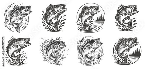 Vintage Sportfishing Bass Illustration Collection in Monochrome Line Art