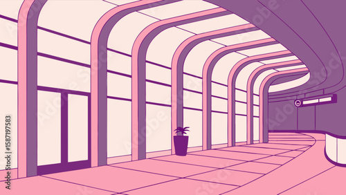 Illustration of modern airport terminal interior with pink floor and arched window design concept art