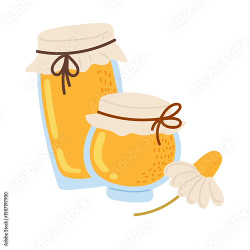 Homemade honey jars with floral accents on a bright background