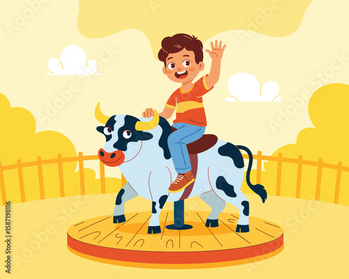 Boy Rides Bull on Platform, Waving Happily at Carnival