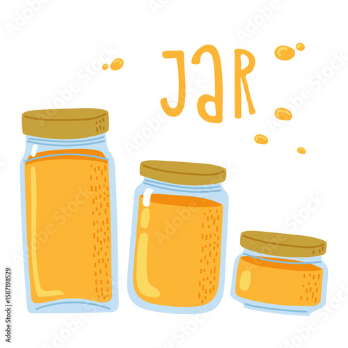 Colorful jars filled with honey placed in a row on a simple white background