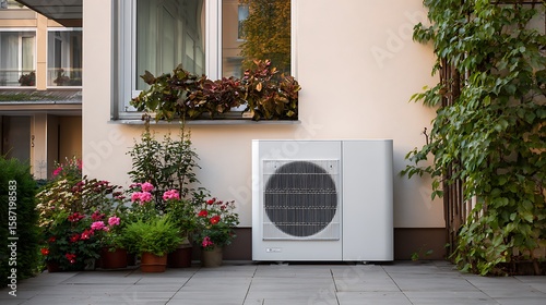 Fototapeta Naklejka Na Ścianę i Meble -  Air source heat pump installed in residential building. Sustainable and clean energy at home. .