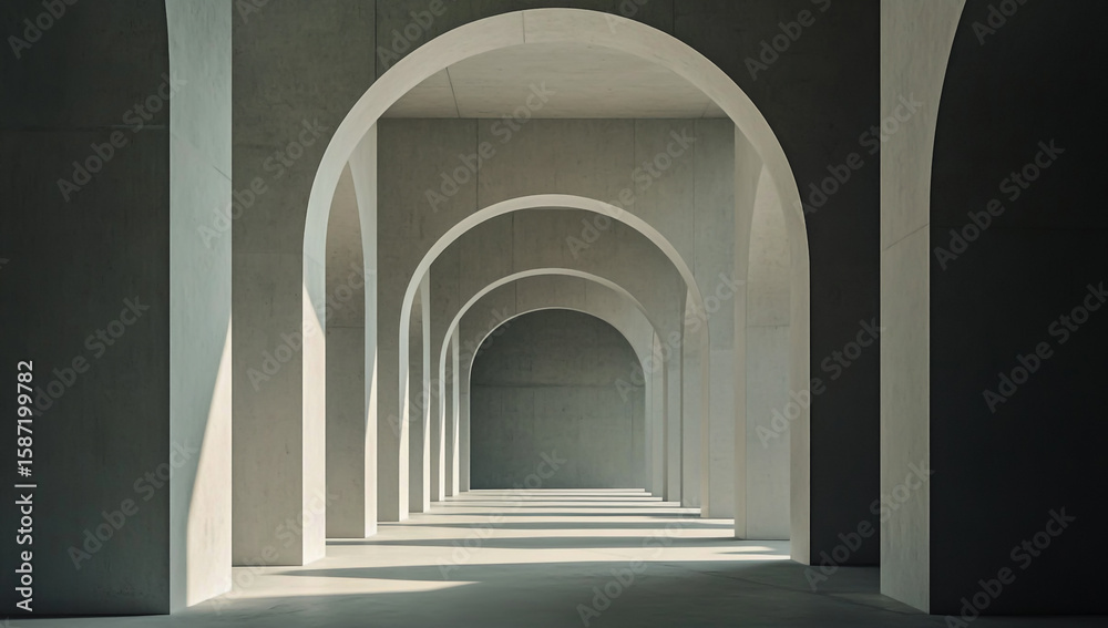 Fototapeta premium An architectural image shows a bare concrete interior space with elegant arches, with soft, natural light filtering through the openings,