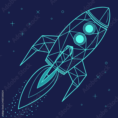 Rocket ship launch graphic design illustration in space with stars and geometric shapes art style