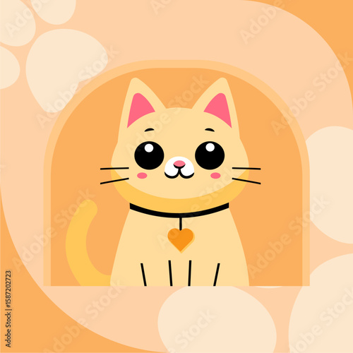 A charming cartoon cat with a heart-shaped collar, inside a cozy space.