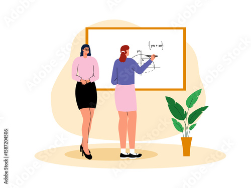 Teacher appoints students to do problems on white board. School illustration. Flat vector illustration.