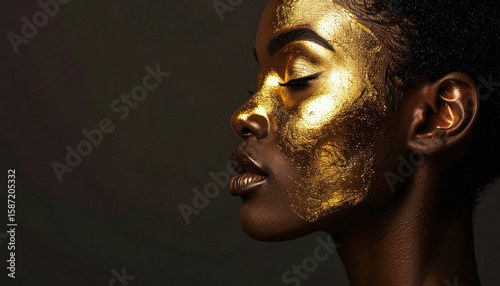 Profile Of A Woman With Golden Paint On Face, Minimalist Dark Background