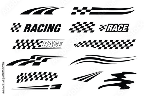 Set of racing stripes for car decals including checkered flag and speed line designs for automotive graphics and vehicle decoration