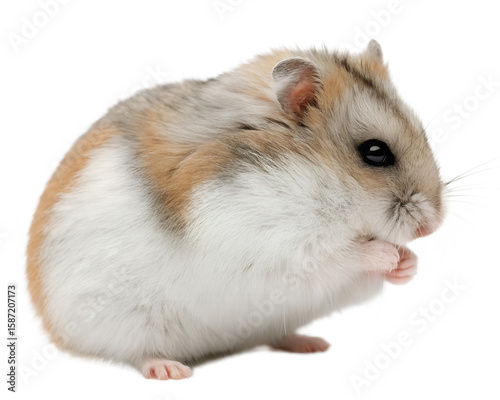 A small fluffy Roborovski dwarf hamster with tricolor fur sitting in profile.