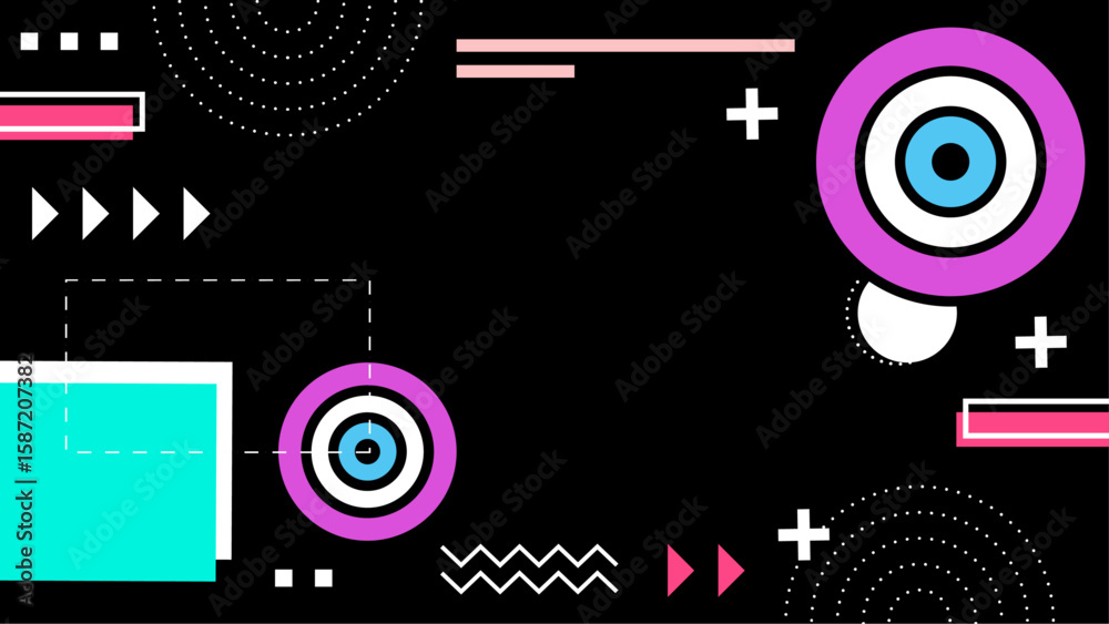 Obraz premium Abstract colorful geometric shapes on black background suitable for web design, backgrounds, posters, and digital art projects. Creative and modern.