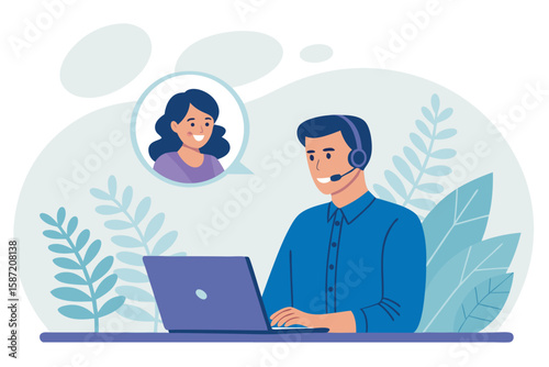 Young man with headset communicates online with a smiling woman through laptop