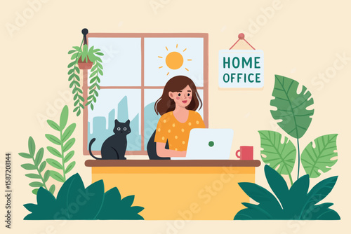 Woman types on a laptop near her cat in the bright, plantfilled home office