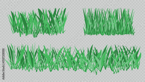 A set of three cartoon grass patches in vibrant green tones. Perfect for landscapes, games, cards, and nature scenes. Isolated on transparent background. Vector available in EPS10.