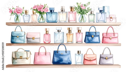 Shelves of perfume and handbags