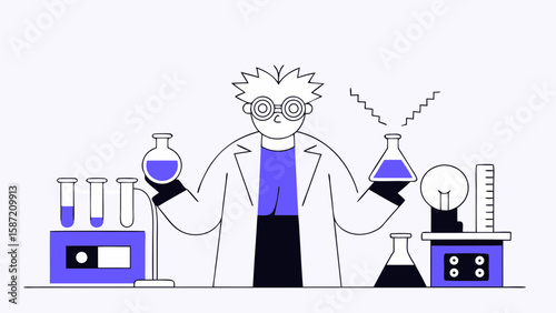 A scientist conducts experiments in the lab with beakers and test tubes