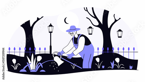 A skeleton gardener waters plants under the moonlight in a peaceful garden