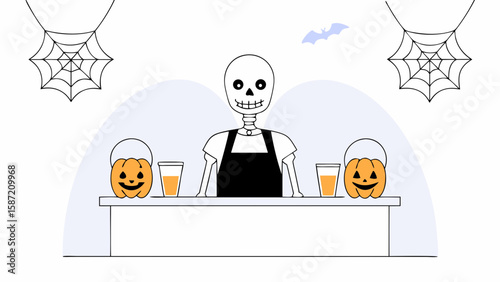 A skeleton bartender serves drinks at a halloween party isolated on white background