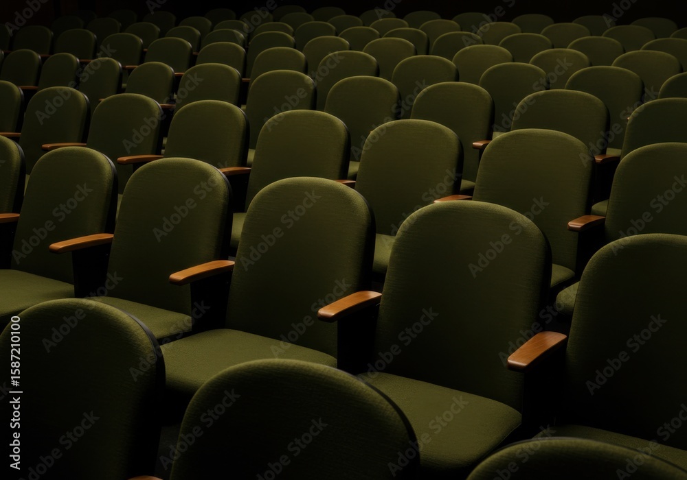 Naklejka premium A dimly lit hall features many rows of unoccupied dark green theater seats with wooden armrests