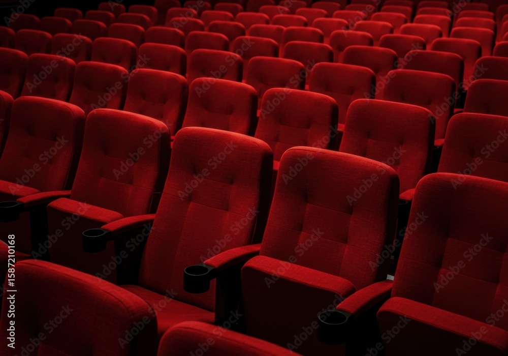 Fototapeta premium An array of empty, deep red theater seats with cup holders in a dark cinema