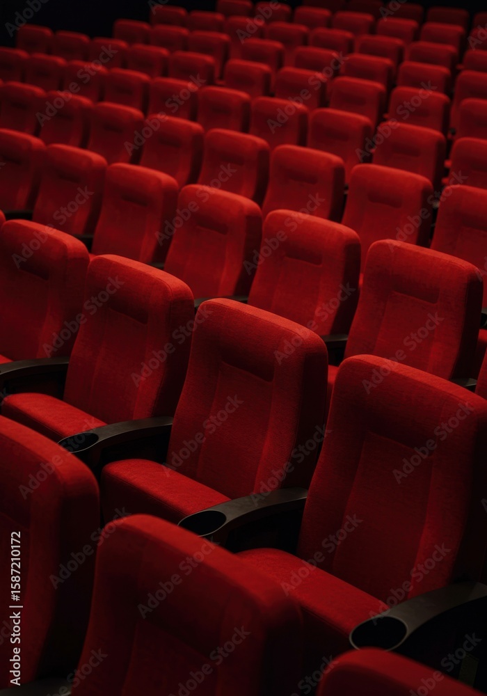 Obraz premium A multitude of empty, plush red theater seats arranged in neat rows